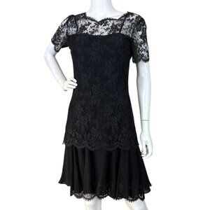 Vtg Louis Feraud Lace Sheer Ruffle Tiered Cocktail Slip Dress Black Size US 6